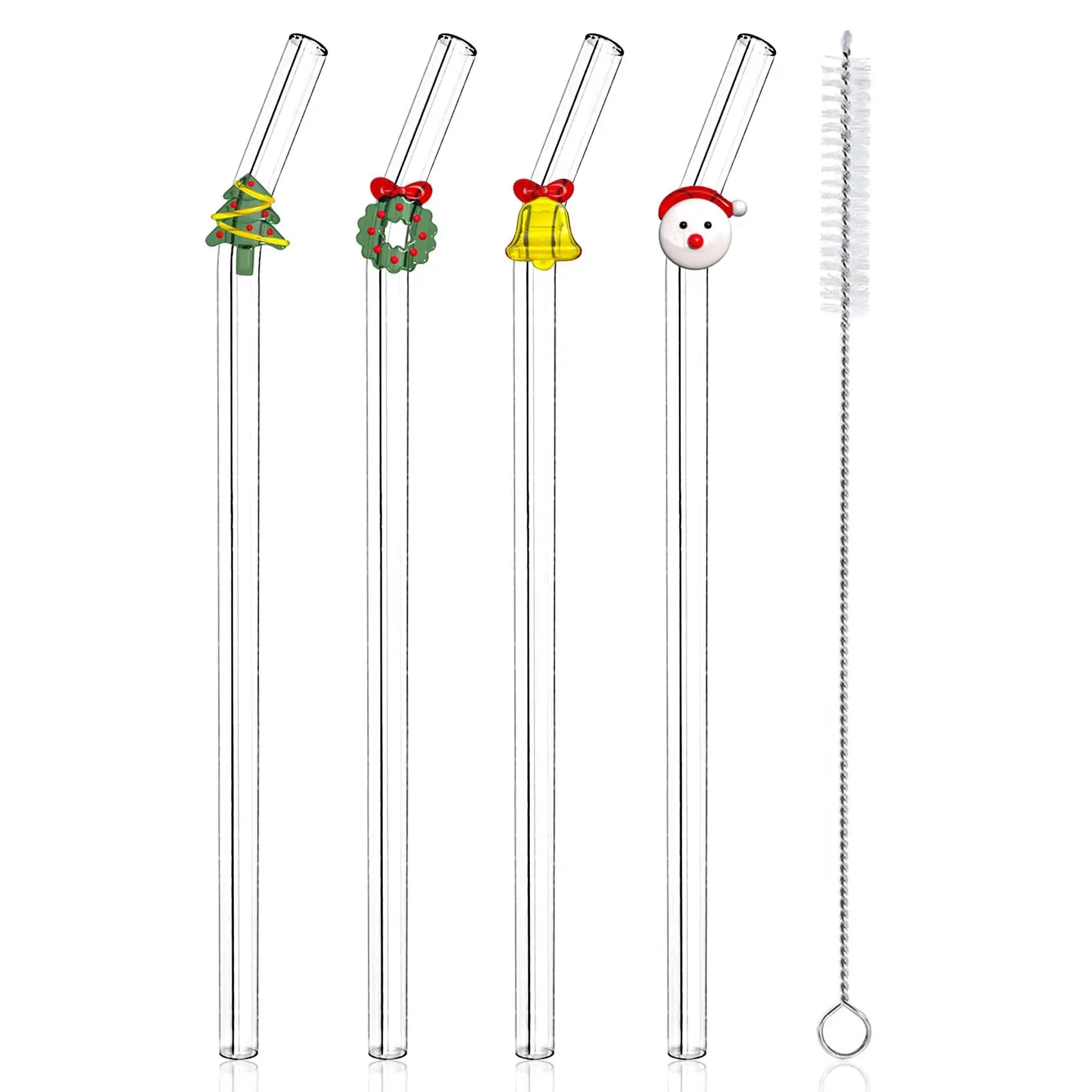 4 Pcs Christmas Reusable Glass Straws with Cleaning Brush, Cute Colorful Christmas Glass Straws Shatter Resistant, Clear Glass Straws with Charms, Christmas Party Favors