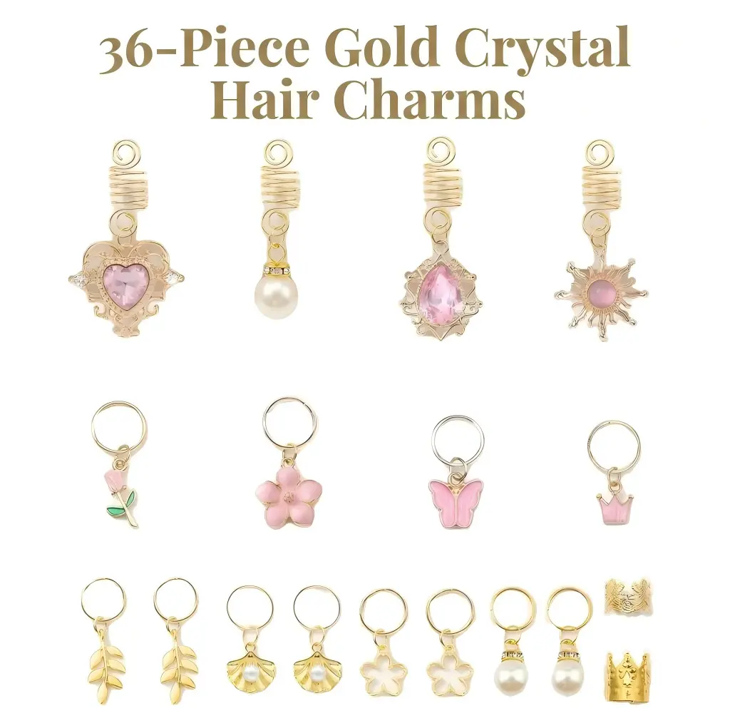 36-Piece Gold Crystal Hair Charms, Loc Jewelry & Dreadlock Rings for Women & Girls with Butterfly, Flower, Crown & Heart Cuffs for Party & Show Pink Hair Accessories