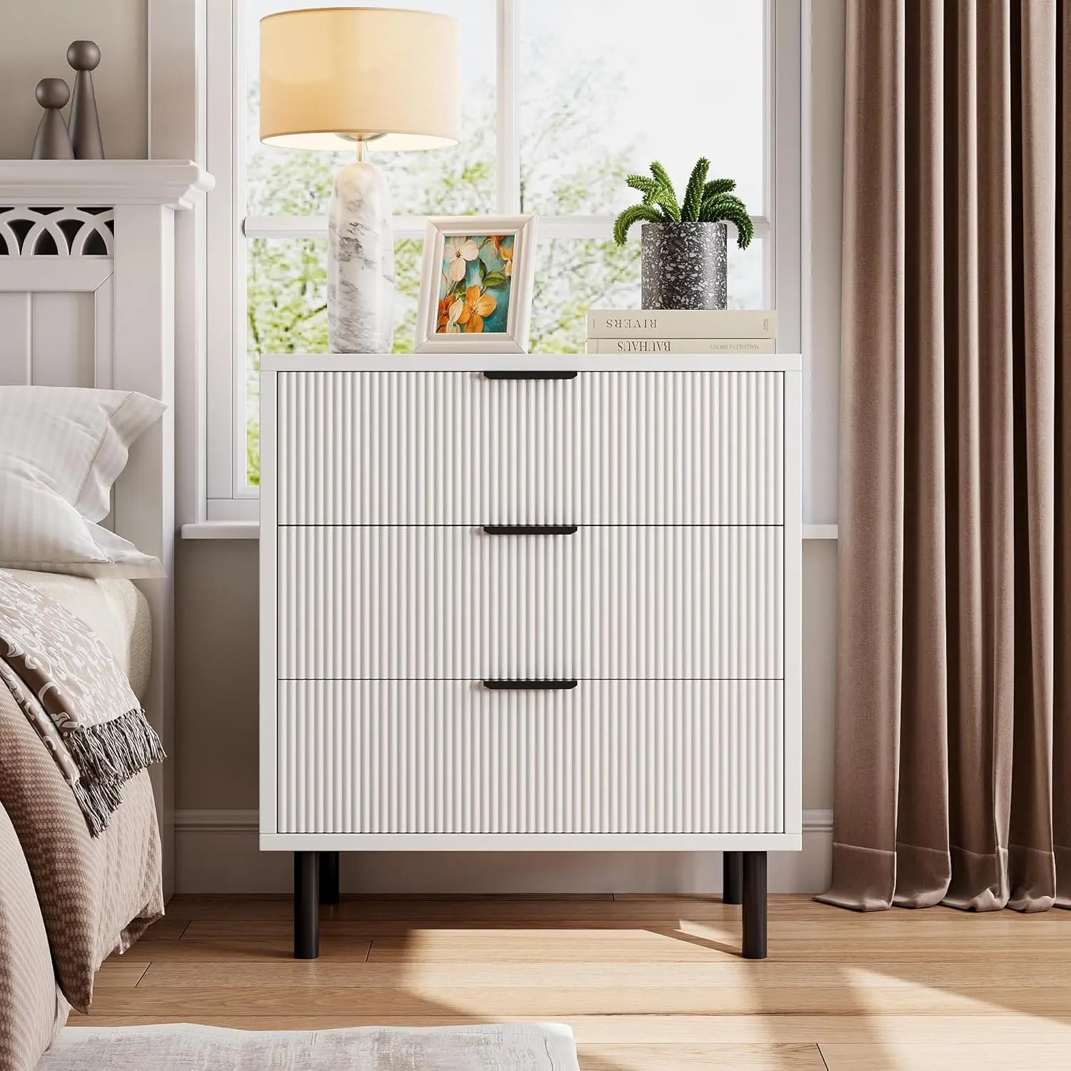 3-Drawer Wide Modern Chic Engineered Wood Dresser with White Fluted Panels, Metal Legs & Anti-Tipping Device - Storage Chest for Bedroom, Living Room Indoor Furniture Organizer, Three Drawers