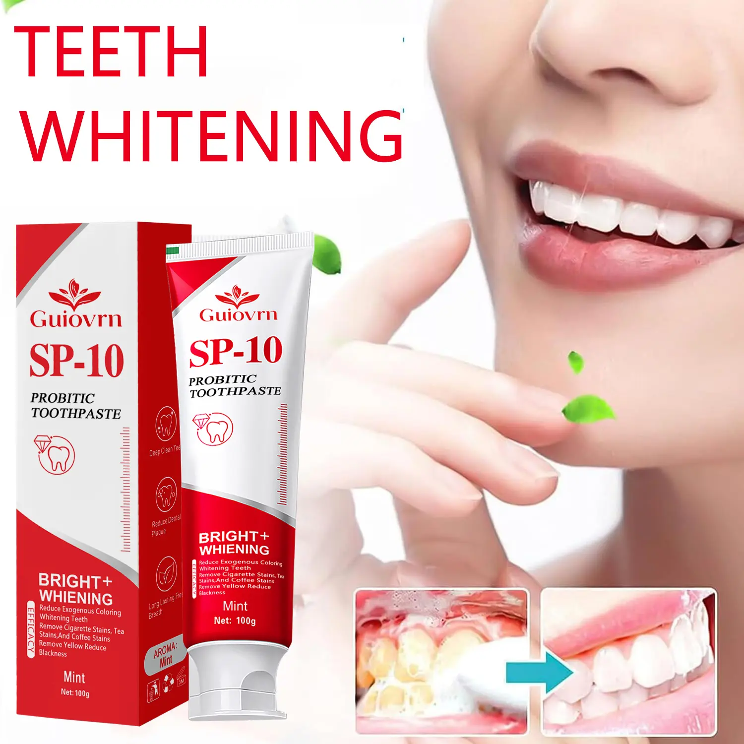 Guiovrn SP-10 ultra whitening toothpaste,SP10 Probiotic Whitening Toothpaste Gentle Stain Removal, Balances Oral Microbiome & Fights Bad Breath–Enamel Safe Formula Daily Cleansing