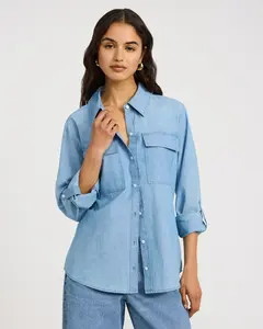 Express Women's Casual Denim Blouse - Double Flap Pockets, Rolled Sleeves, Long Sleeve Option, Button-Front, Utility Design, Premium Fabric