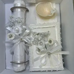 Baptism/First Communion Candle Bible Set with Elegant White Floral Design and Silver Accents