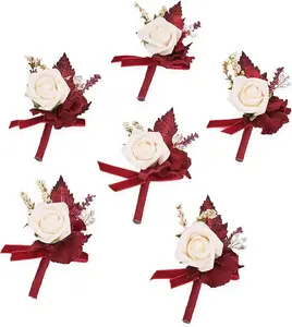 TINGE TIME Boutonniere for Men Wedding, Set of 6, Burgundy Red Artificial Groom Boutonniere for Wedding Ceremony Anniversary, Formal Dinner Party and Prom