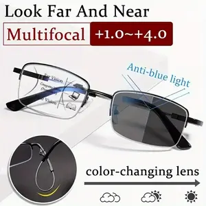1PC Men's 4-in-1 Photochromic Multifocal Progressive Reading Glasses Memory Titanium Frame Anti-blue Light Men Women Eyeglasses +200 +250