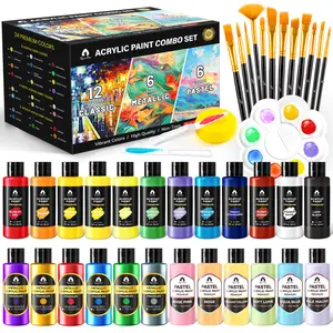 40 Pcs Classic & Metallic & Pastel Acrylic Paint Set with 12 Brushes, 2 Knives & Palette, 24 Colors (2oz/60ml) - for Adults, Kids, Artists & Beginners - Arts and Crafts Painting Kit