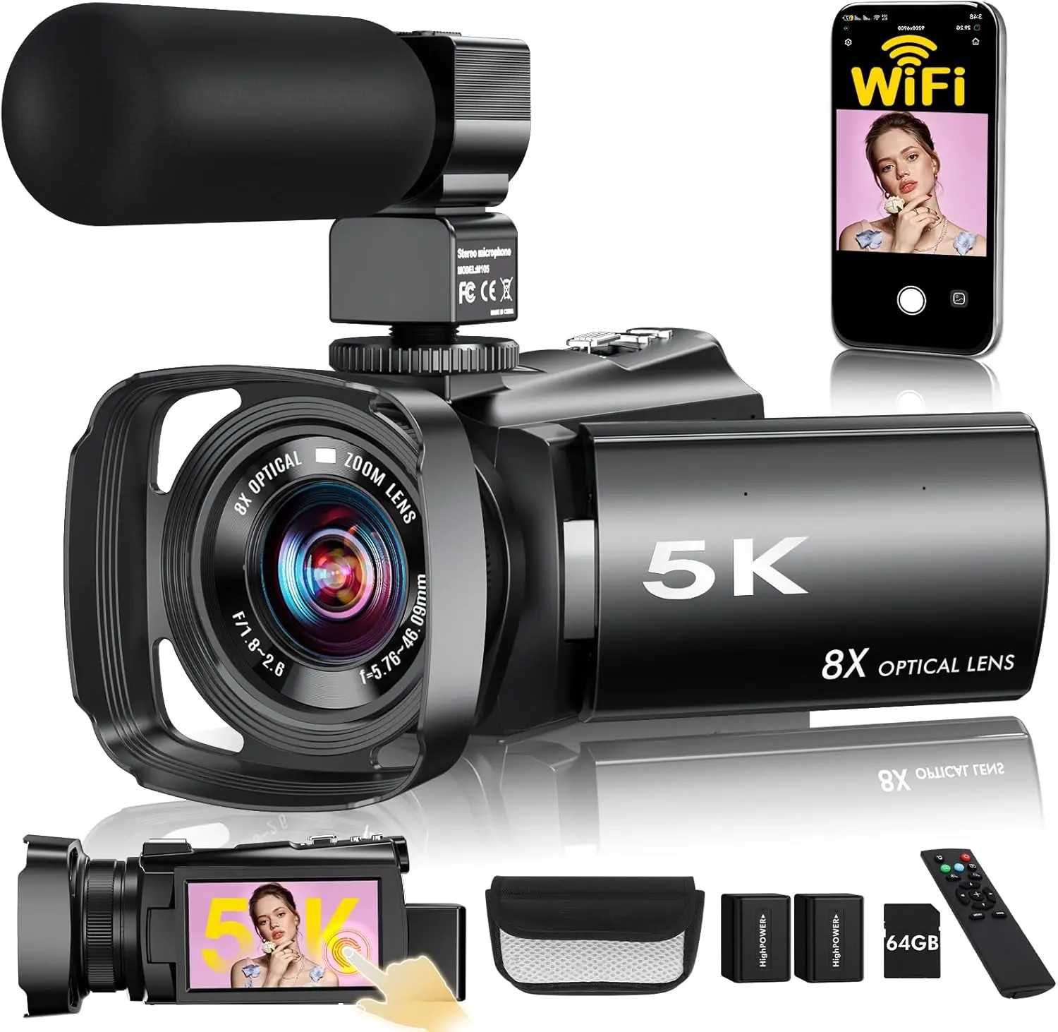 5K Video Camera Camcorder, 64MP WiFi Vlogging Camera for YouTube with 8X Optical Zoom, 3.5" IPS Touchscreen, Full-Color Night Vision, Live Streaming, 6-Axis Anti-Shake, 64GB SD Card & Dual 1400mAh Batteries