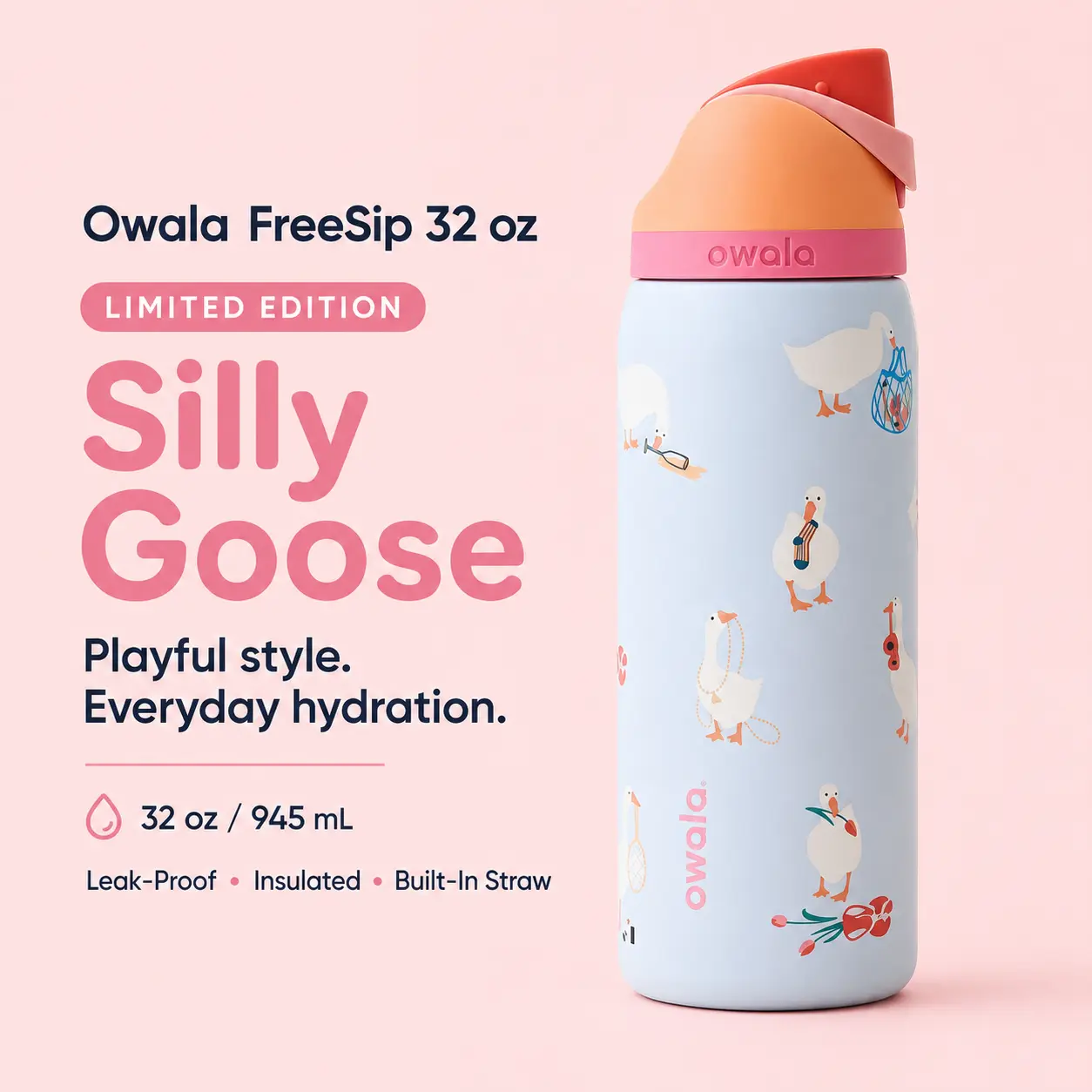Owala FreeSip 32 oz Limited Edition Silly Goose Insulated Stainless Steel Water Bottle with Built-In Straw