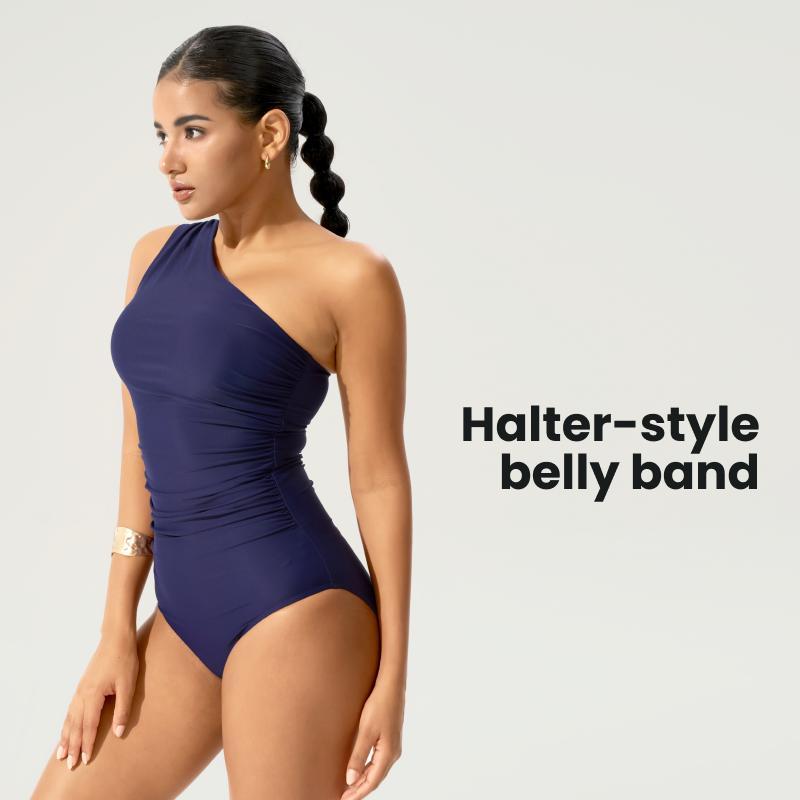 BodyTips Diagonal Shoulder OnePiece Swimsuit Halter Neck Ruched Design Tummy Control Cooling Feel Flexible Fit Swimwear Streamlined Look Popular Beach Outfit Versatile One Piece For Pool Vacation Summer Activities Sunbathing Water Sports Casual Swim Style