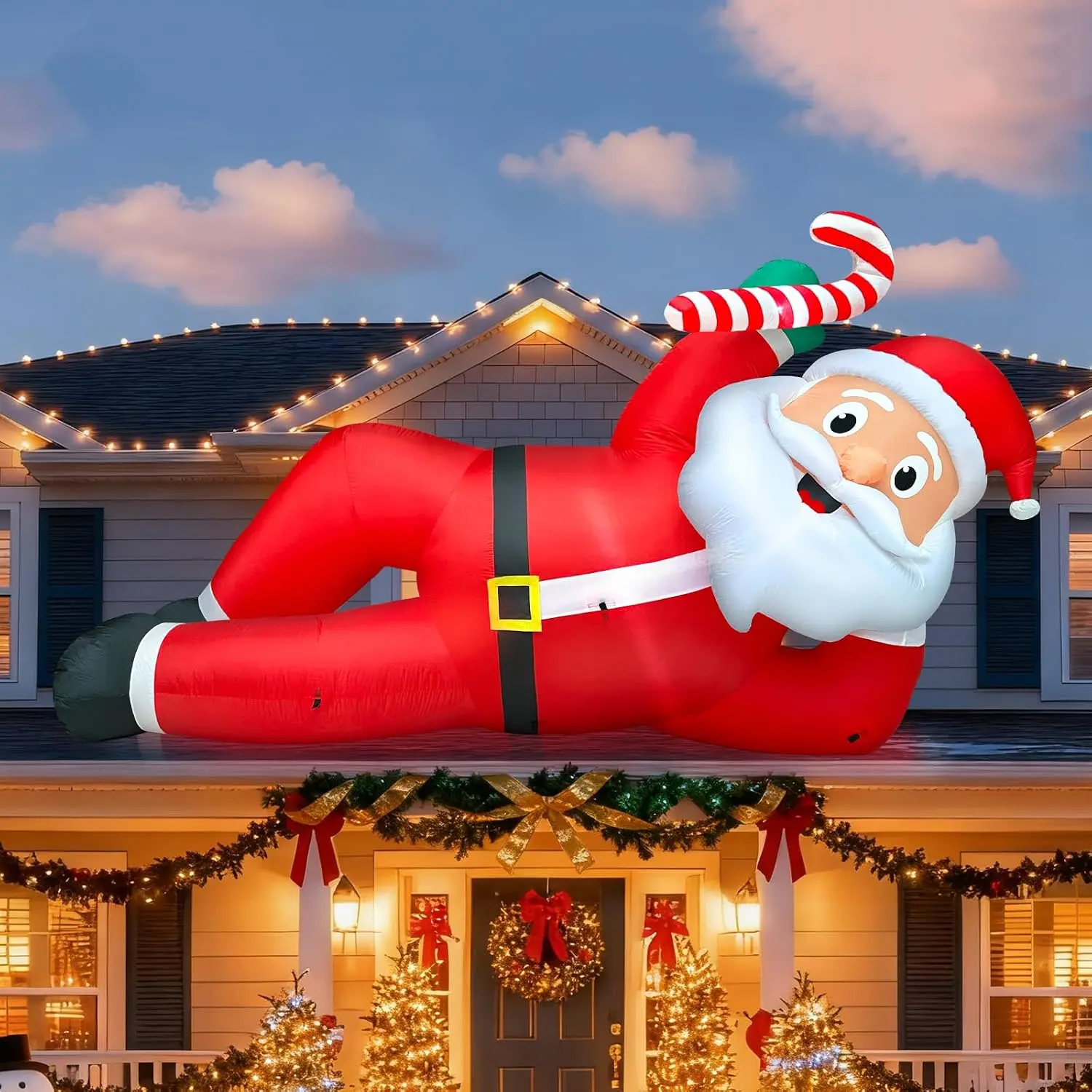 12 Ft Long Giant Christmas Inflatables Santa Claus Outdoor Decorations,Blow Up Lying Santa Holds Candy Cane Built-in LED Lights Inflatable Christmas Decorations Yard Garden Lawn Roof Holiday Party