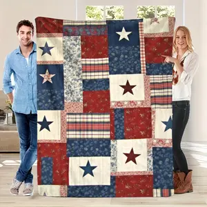1pc Large Patriotic American Flag Quilt Bedspread - Red White & Blue Plaid & Gingham Stars & Stripes Bed, Lightweight All-Season Soft Warm Bedding Suitable for Sofa, Bed, Camping, 4th of Decor, Machine Washable Large Bed Blanket