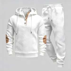 Men’s Jacquard Knit 2-Piece Sweatsuit | Hooded Henley Pullover + Drawstring Jogger Pants | Cozy Casual Set