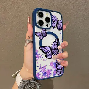 Purple Butterfly Floral Pattern Premium Magnetic Phone Cases for iPhone17 Pro Max Plus A16 15 14 Pro Max 13 12 11 Plus Smartphone Shockproof Protection Cover Cellphone Protective magsafe magnetic case Aesthetic Resistance Casing Silicone Protector