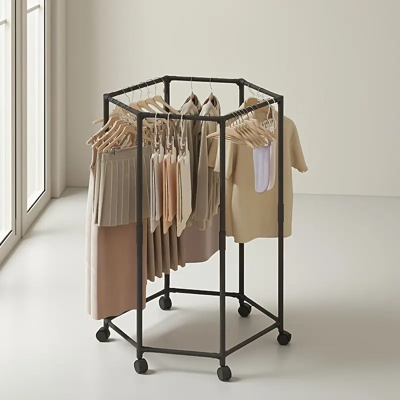 Hexagonal Rotating Clothes Rack with Wheels, Durable 16mm Metal Tube, Portable Hanging Closet Organizer, Efficient Clothing Storage