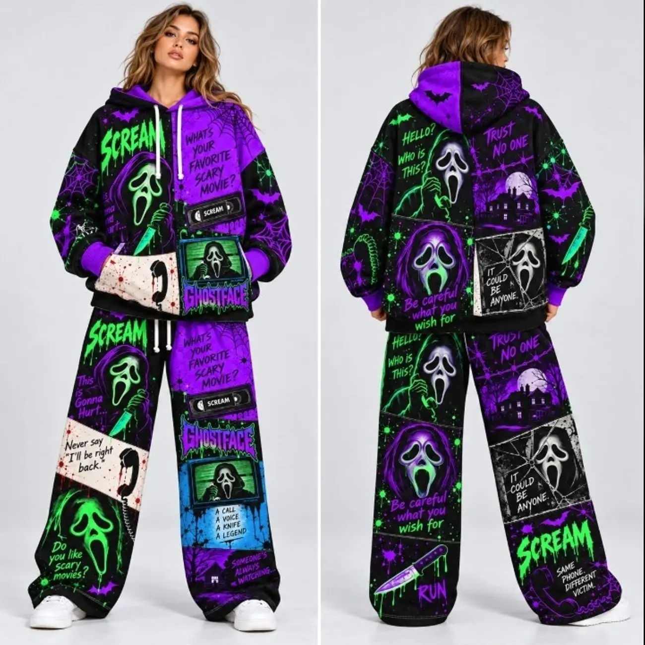 Ghostface Horror Loose Sweatpants, Scream Inspired Neon Graphic Wide Leg Pants, Halloween Slasher Movie Streetwear, Unisex Baggy Pants E