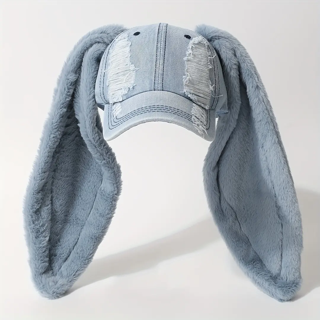Unisex Distressed Look Pink Baseball Cap with Plush Bunny Ears - Washed Vintage Snapback, Wide Brim, Adjustable Cotton-Polyester Hats for Women, Casual Outdoor Party Accessory