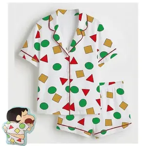 Satin Pajama Set: Shinchan Print Short-Sleeve Couples Sleepwear, All-over Print Kid and Youth Satin Short-Sleeve Pajamas Set