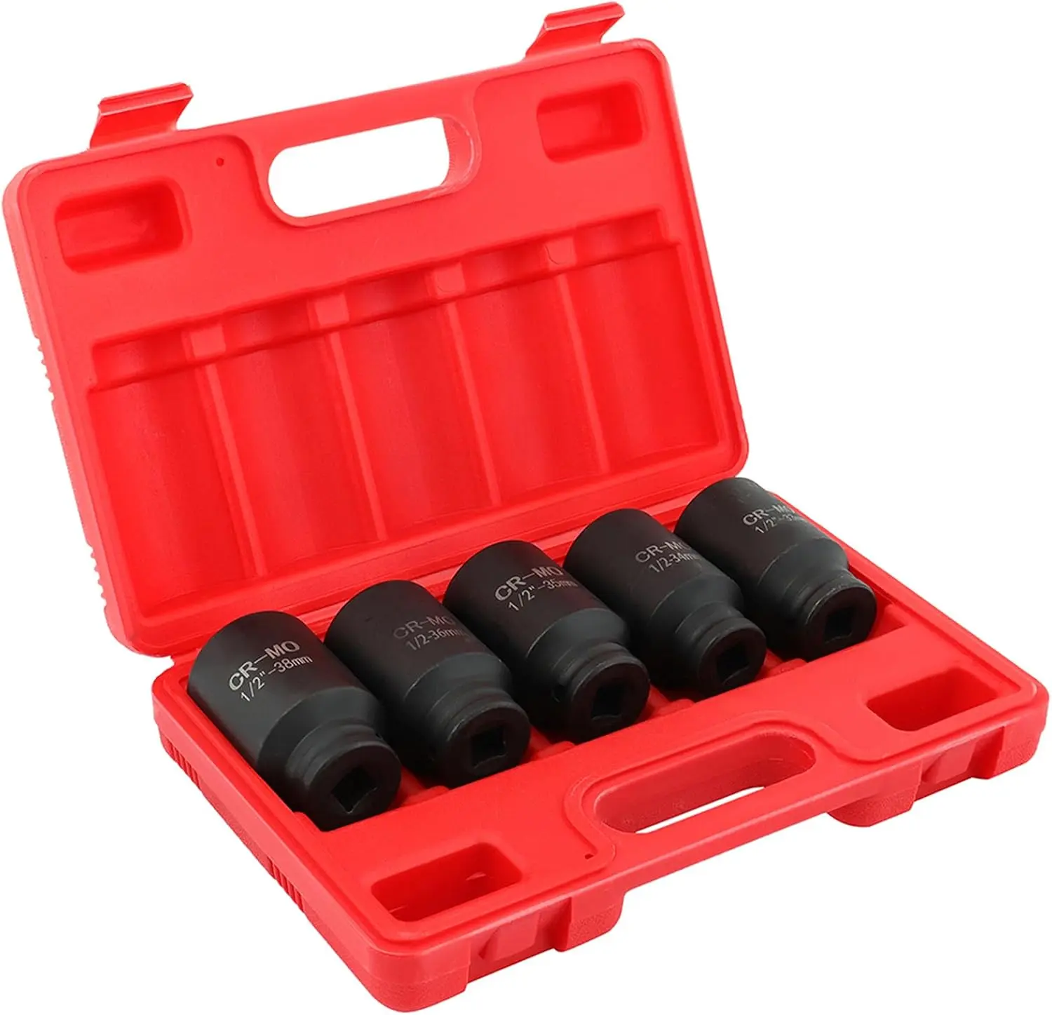 5pcs 1/2in Drive Deep Impact Axle Hub Socket Set 6-point, 33mm, 34mm, 35mm, 36mm, 38mm