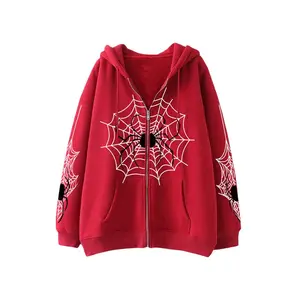 Women��s Halloween Casual Hooded Coat Long Sleeve Spider Web Print Zip Up Hoodie with Pockets Womenswear Check