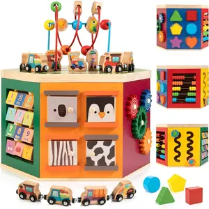 Large Activity Cube 9-in-1 Farm-Themed Wooden Play Center, Multipurpose Montessori Toy for 1-2 Year Old Baby Toddler Kid, First Birthday Gift with Bonus Magnetic Train Cars