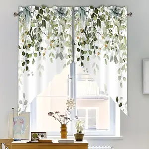 Sage Green Watercolor Eucalyptus Leaf Curtains & Valances, 28x36in Short Swag Topper Window Treatments for Kitchen, Bathroom