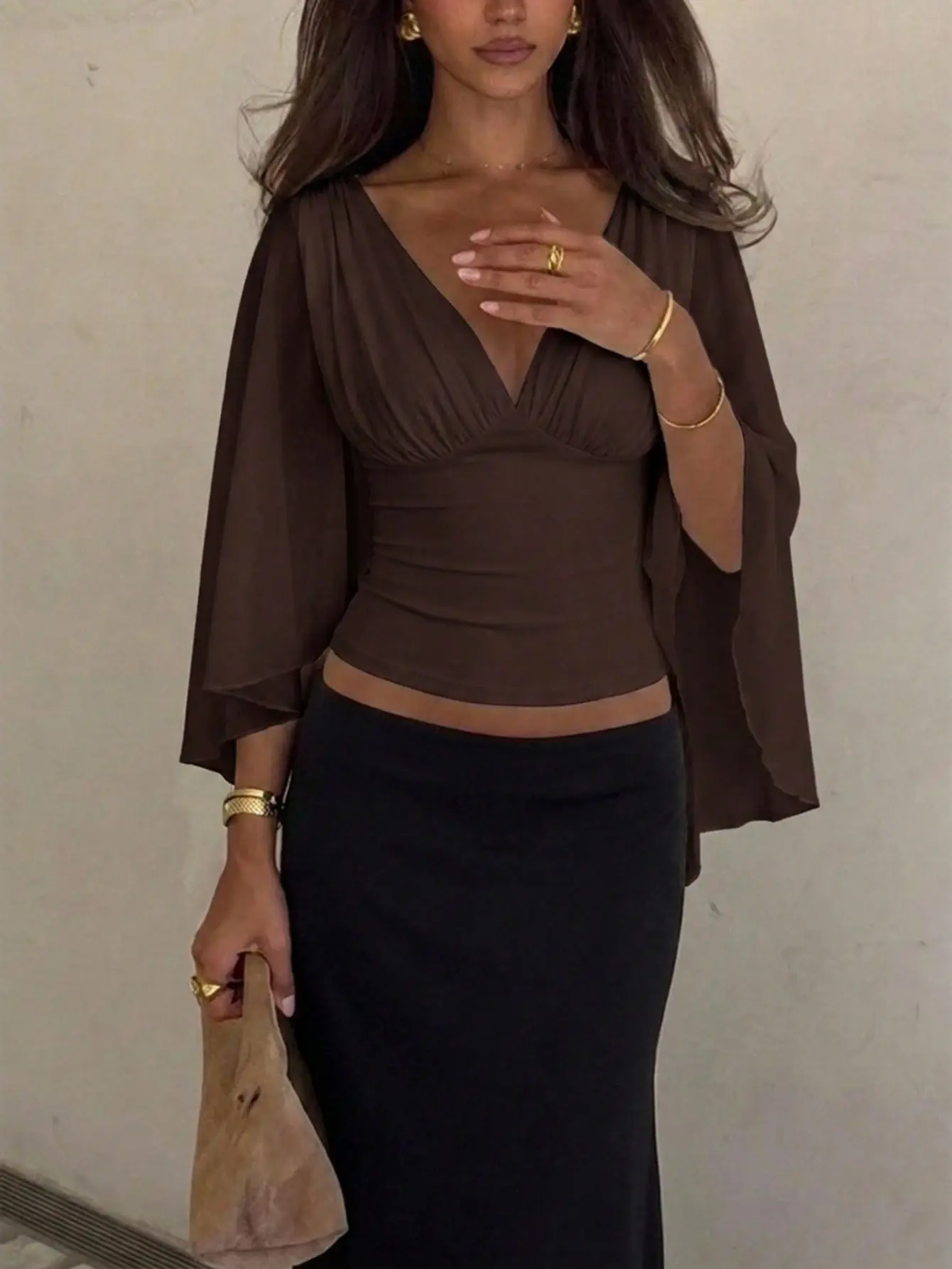 VYNCE Pleated Ruffle Peplum Blouse Deep V-Neck Summer Women Casual Daily Wear Elegant Party Top Trendy Streetwear