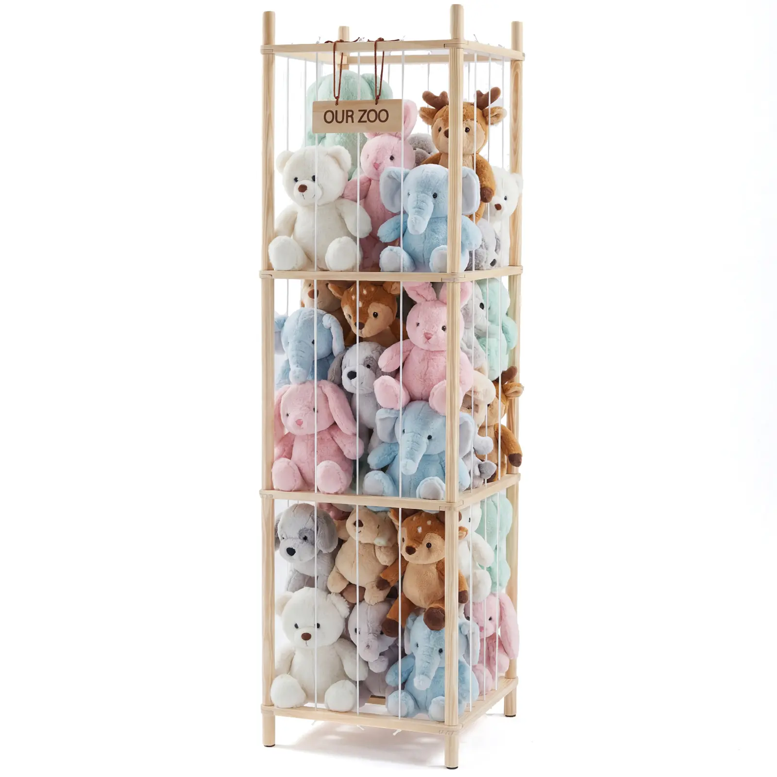 DUMOS Stuffed Animal Storage, 54.35In Large Stuffed Animal Holder, Plushies Storage with Solid Wood Base&Elastic Cord, Space Save Zoo Toy Organizers for Playroom Bedroom Nursery