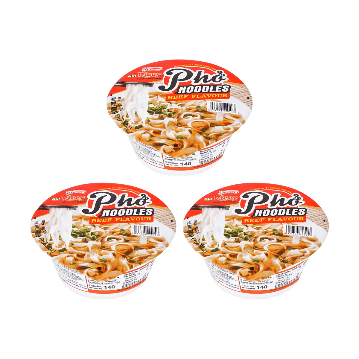Acecook Vietnam Oh! Ricey Pho Beef Flavor Instant Rice Noodle Bowl - 3 Pack (71g Each) - Authentic Vietnamese Pho Noodles