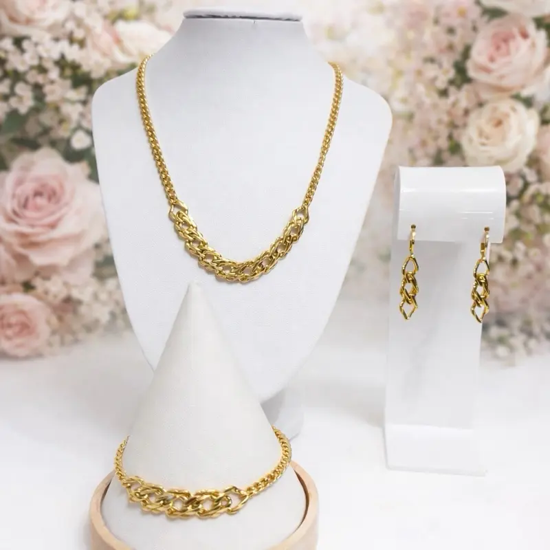 Spanish Design Set of 3 Pieces Elegance Eslabón Necklace Earrings Bracelet Gold Tone