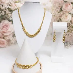 Spanish Design Set of 3 Pieces Elegance Eslabón Necklace Earrings Bracelet Gold Tone