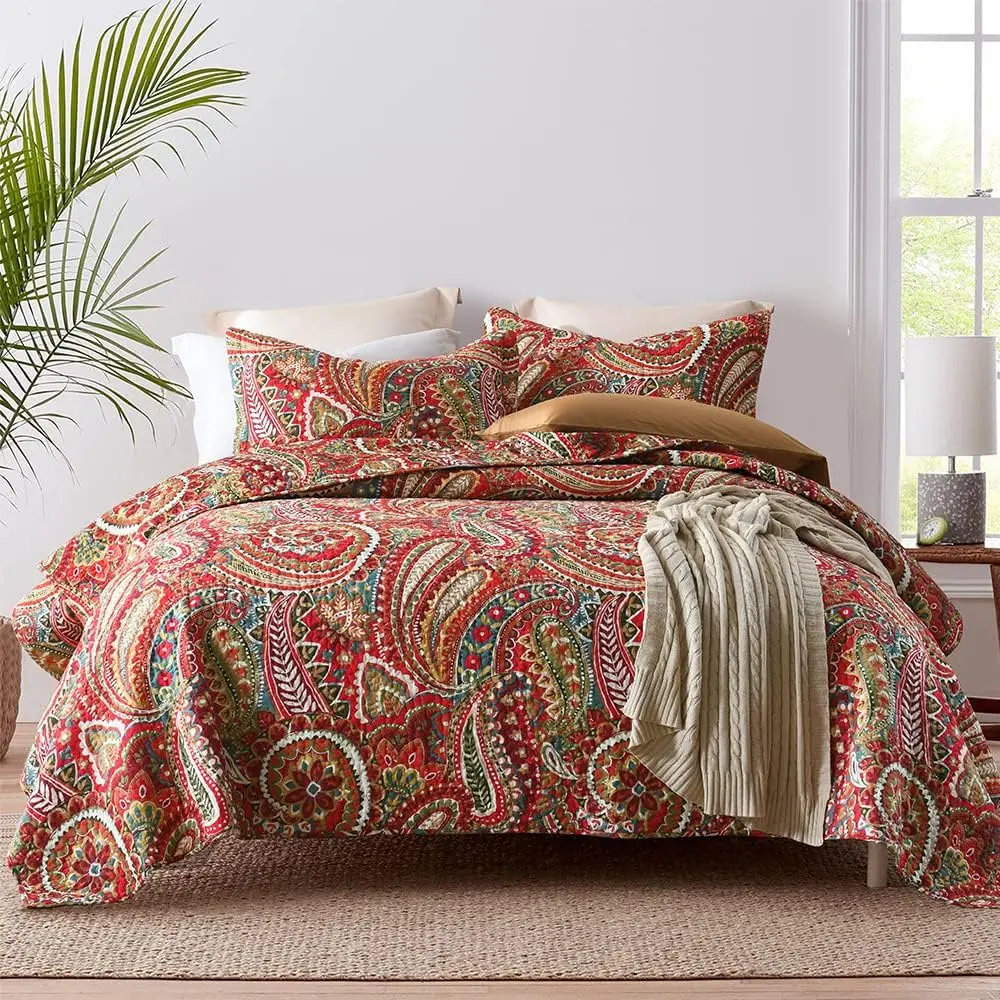 Red Reversible Cotton Floral Paisley Bedspread Set - 98x108 in, All Seasons, Durable, Machine Washable, Wash Separately in Cold Water Bedding Coverlet Set