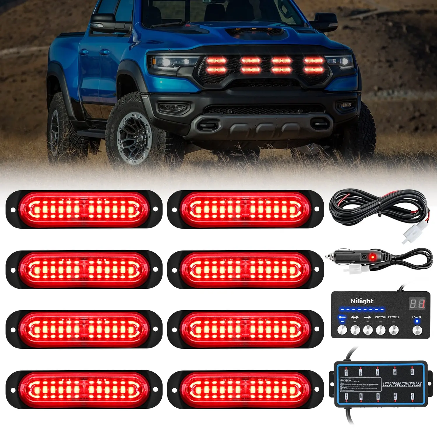Nilight 8PCS Led Strobe Lights with Controller 12V 24V Sync Feature Red Strobe Light 12 LED Surface Mount Working Lights with Strobe Controller for Vehicle Car Truck RV ATV
