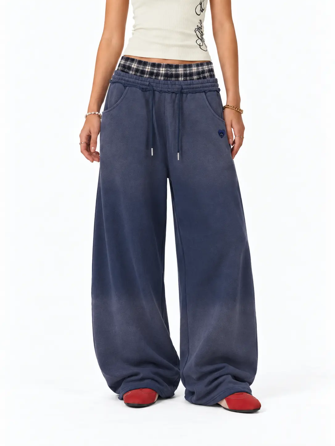 Aelfric Eden Men's Minimalist Wide Leg Basic Bottom - Unisex Plaid Waist Patchwork Baggy Barrel Trouser, Soft Washed Vintage Fabric, Adjustable Drawstring, Comfortable Oversized Silhouette, Work Casual Athleisure Pants