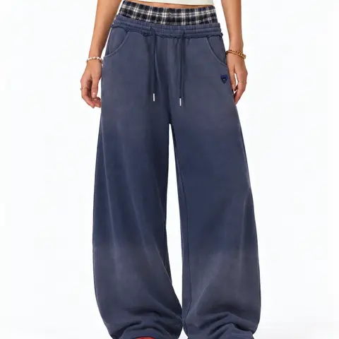 Aelfric Eden Unisex Plaid Waist Patchwork Baggy Barrel Trouser - Soft Washed Vintage Fabric, Adjustable Drawstring, Oversized Silhouette, Work Casual Trousers, Athleisure Style Pants, Casual Loose Comfy, Back to School Outfits