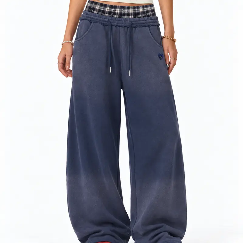 Aelfric Eden Unisex Plaid Waist Patchwork Baggy Barrel Trouser - Soft Washed Vintage Fabric, Adjustable Drawstring, Oversized Silhouette, Work Casual Trousers, Athleisure Style Pants, Casual Loose Comfy, Back to School Outfits