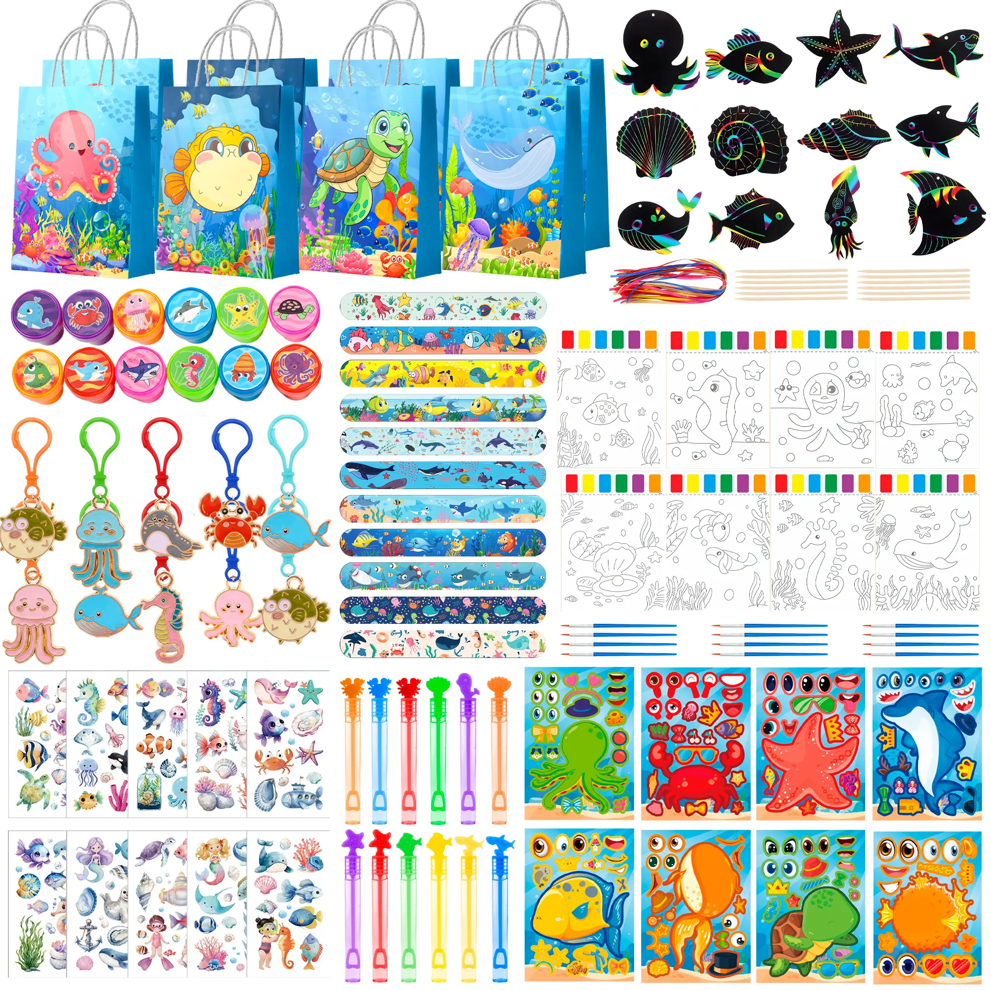 Under The Sea Party Favors, 120pcs Ocean Birthday Party Favors Set Includes Under The Sea Slap Bracelets Bags Scratch Paper Art Craft etc Under Sea Party Favors for Ocean Birthday Party Decorations
