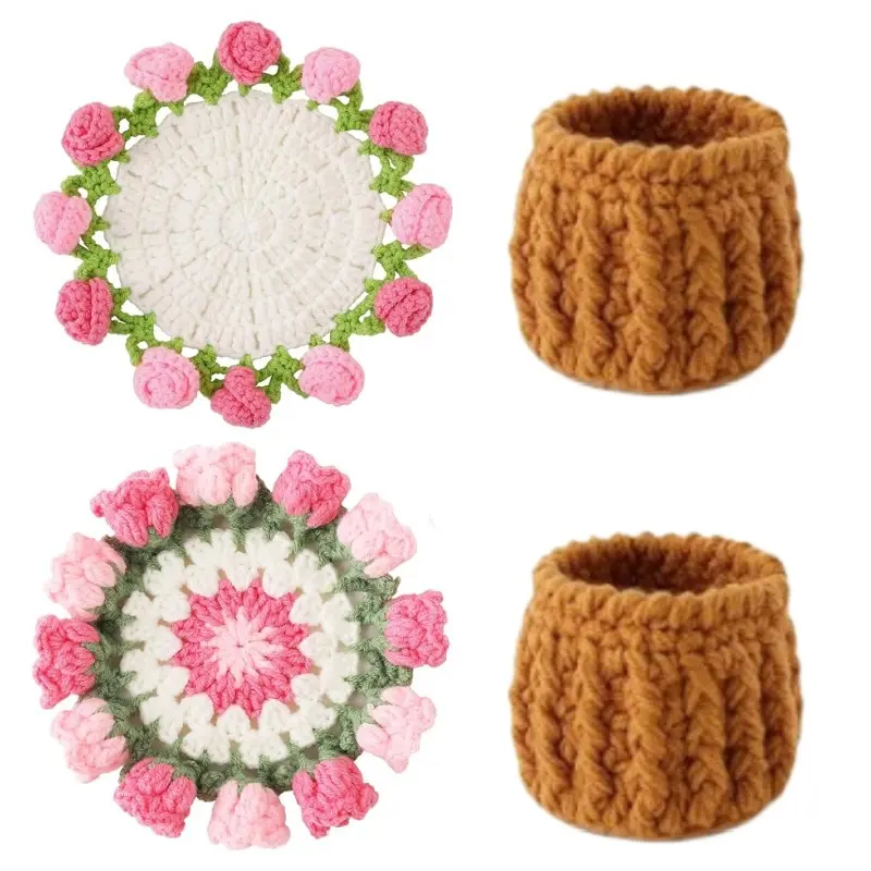 4pcs Thick Crocheted Yarn Coaster Set - Bouquet-Shaped Handmade Cup Mats, 2 Coffee Mats with 2 Storage Holders, Decorative Handcrafting Supplies for Table Protection, Housewarming Gifts