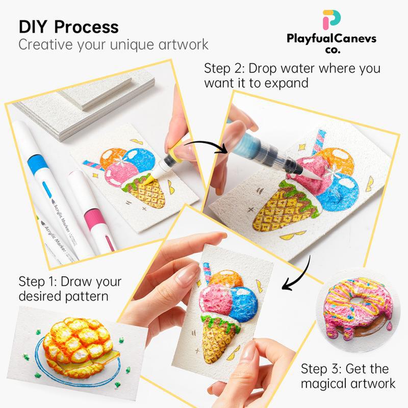 PlayfulCanvas Co. Magic Foam Texture Painting Kit 46 Pcs with 20 Foam Texture Papers & 12 Colors Acrylic Paint Markers for Kids Creative Development