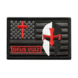 Deus Vult USA Flag Cross Christian Templar Knight in God Wills Patch (Hook Fastener Backing-MTB35)