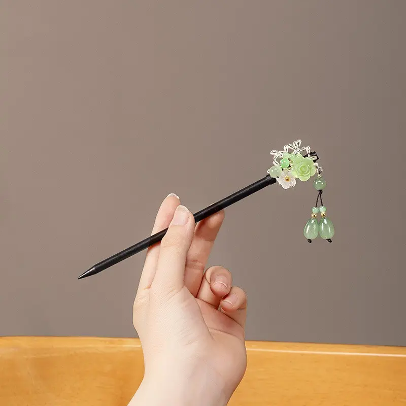 Green jade cherry blossom pendant wood