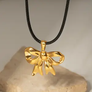 Popular Black Wax Rope Bow Pendant Necklace Jewelry Women