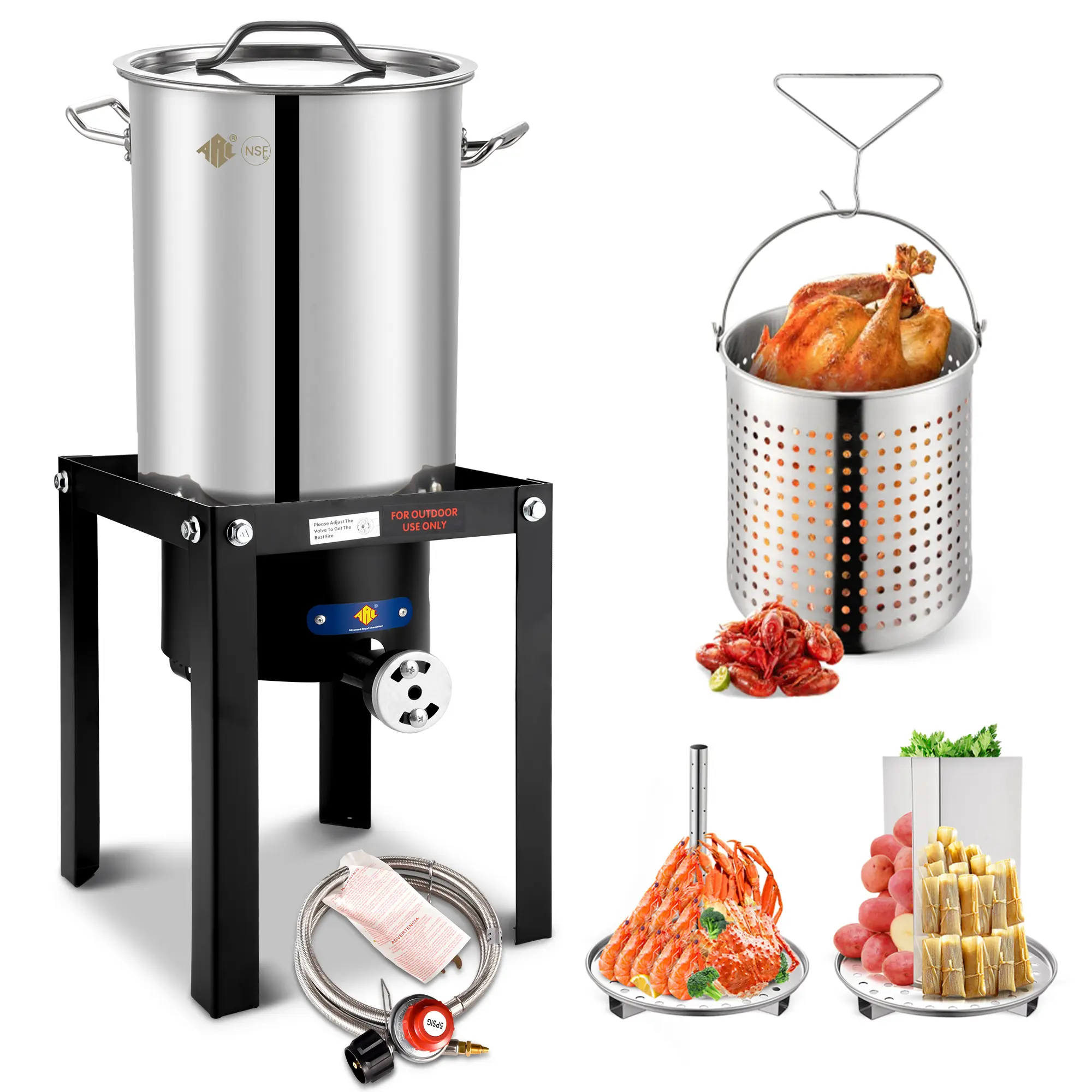 Portable Stainless Steel Turkey Fryer & Crawfish Boil Pot Kit, 32QT Outdoor Cooker with 55,000 BTU High Heat Output Burner, Includes Basket and Steamer Rack, Gas Powered, Large Size, 32-Quart Capacity