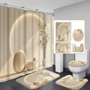 1/3/4PCS Minimalist Zen Style Shower Curtain Set, 71x71 Inches, Includes Background Pattern, Comes with 12 Hooks, 1/3/4pcs Options, Shower Essentials