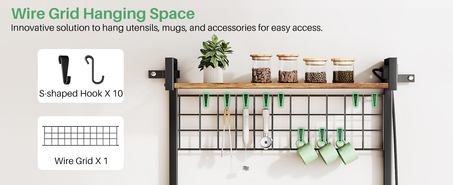 SNTD Bakers Rack with Power Outlet, Kitchen Shelves Microwave Stand with Wire Grid and 10 Hooks, 4 Tiers Coffee Stand SNTD Bakers Rack with Power Outlet, Kitchen Shelves Microwave Stand with Wire Grid and 10 Hooks, 4 Tiers Coffee Stand