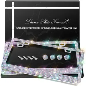 2 Pack Bling License Plate Frames, Sparkly Rhinestone Diamond Car License Plate Cover for Women, Stainless Steel Car Accessories with Glitter Crystal Caps (Colorful)