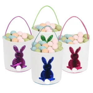 Easter Bunny Basket for Kids, Canvas Cotton Egg Hunt Buckets with Fluffy Tails, Reusable Rabbit Tote Bags for Girls Boys, Multi-Color Easter Party Decor & Gift Storage