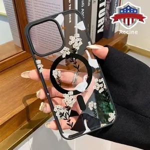 Gentle Goose Garden Pattern Magnetic Phone Case Supports Wireless Charging for iPhone 15 16 14 Pro Max 13 12 11 XR XS Plus Shockproof Non Slip Protection Silicone Transparent Acrylic Cover Cellphone Protective
