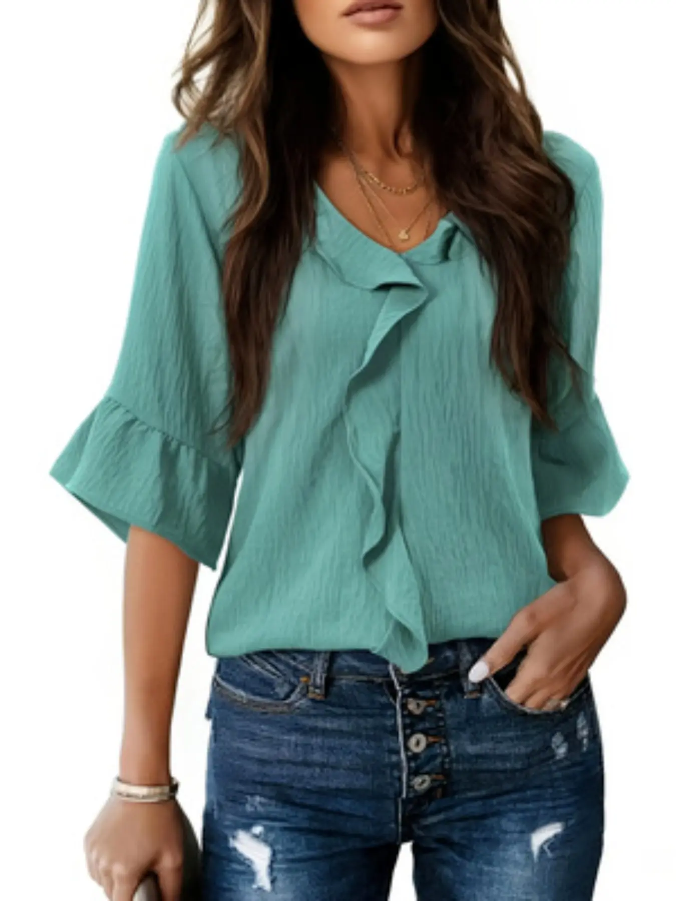 Spring Summer New Fashion V-Neck Shirt Ruffled Hem Loose Fit Lightweight Top, Casual Basic Blouses Short Sleeve Solid Color Blouse for Women Womenswear Lady