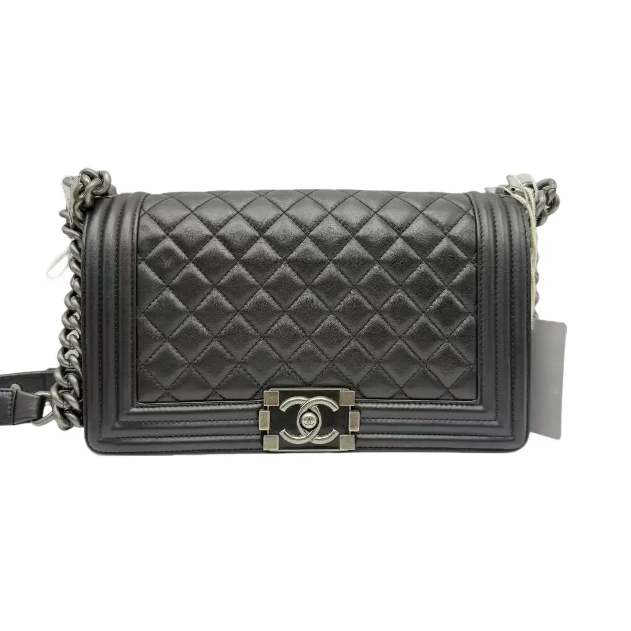 Pre-owned CHANEL BOY HZ8 Old Medium, Black & Silver, Lambskin 71460