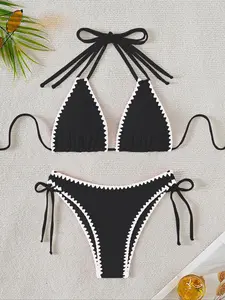 Women's Contrast Chevron Tie Back Bikini Set, Halter Triangle Swim Top & Tie Side Swim Bottom, Gothic Bikini, Fashion Ladies Bathing Suit, Contrast Trim Bikini for Summer Beach Vacation