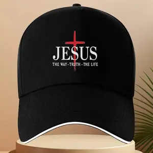 S&T 1 Piece Jesus Road Truth Life Cross Design Baseball Cap - Lightweight Breathable Black with Red Cross Print, White Edge Decoration, Machine Washable, Suitable for Fitness Outdoor Sports Men's Fashion, Religious Accessories, Comfortable Style